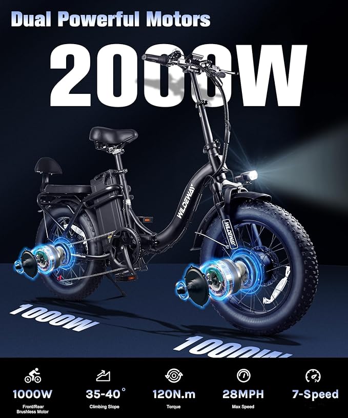 Wildeway 2000W Dual Motor Electric Bike SummitX 32Ah Battery E-Bike 90 Miles Long Range 28MPH Foldable 20x4.0 Fat Tire Ebike for Adult Hydraulic Brake Delivery Commuting Bicycle 2 Seat