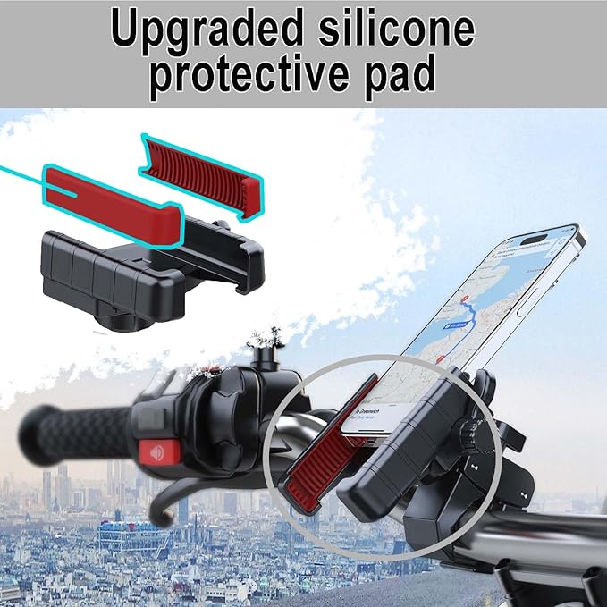 Bike Phone Holder Mount,Motorcycle Handlebar Cell Phone Clamp, Anti-Shake Phone Clip with Cushioned Silicone Pads, Camera Friendly Hands Free Sport for iPhone Samsung 4.7-7.2” Smartphone