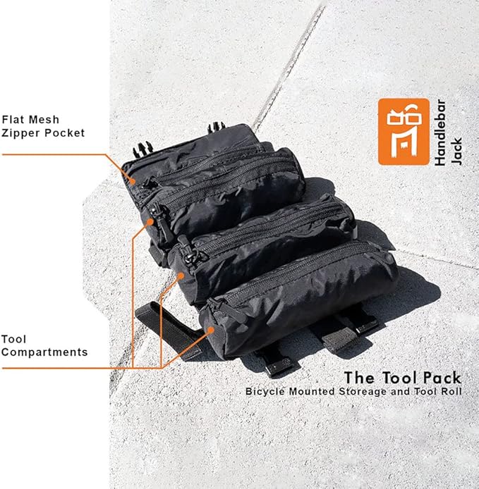 Handlebar Jack - Storage Bag Tool Pack for e-Bike and Cycle, 3 Storage Pouches and 1 Mesh Pocket, Water Repellent Nylon, Durable, Lightweight, Easy Storage, Mounting - Bag Only (NO Tools Included)