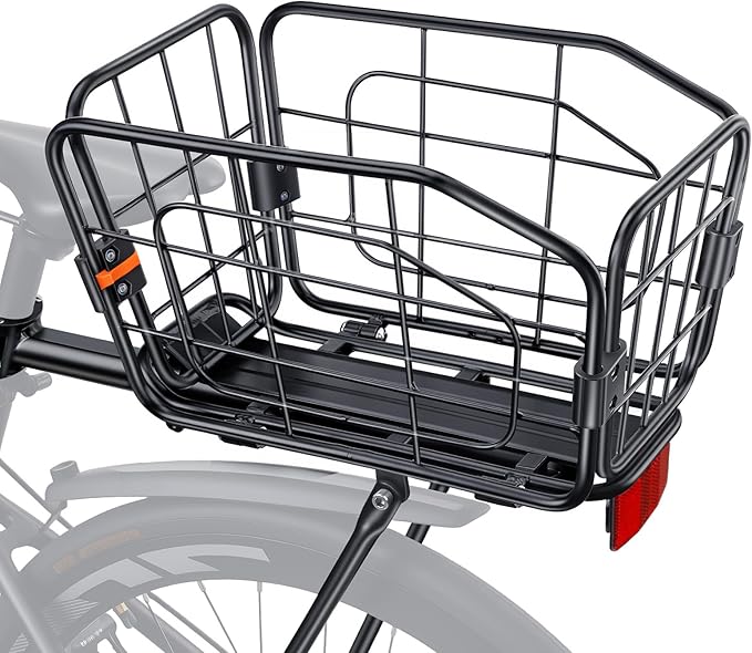 Rear Bike Basket, Aluminum Bike Cargo Rack, 22L Capacity Bicycle Basket, Foldable & Removable for Adult Bikes (Tube≤34mm), 165lbs Capacity, Includes Reflector & Bungee Cords