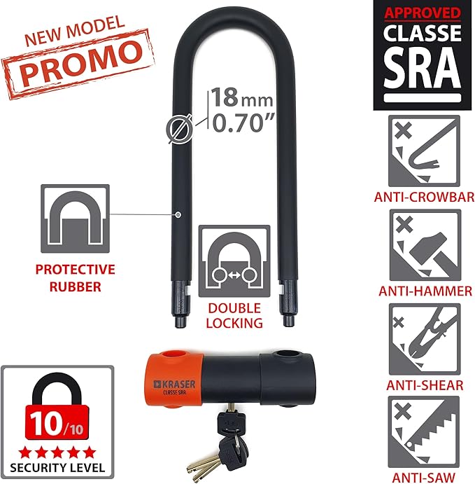 KRASER KR85M Robust U Lock, SRA Approved, High Security Tested, 85X250mm/3.34x9.84in ø18mm/0.7in Double Locking Shackle, Anti-Pick Lock, Anti Theft U Lock for Motorcycle, Scooter, Electric Bike