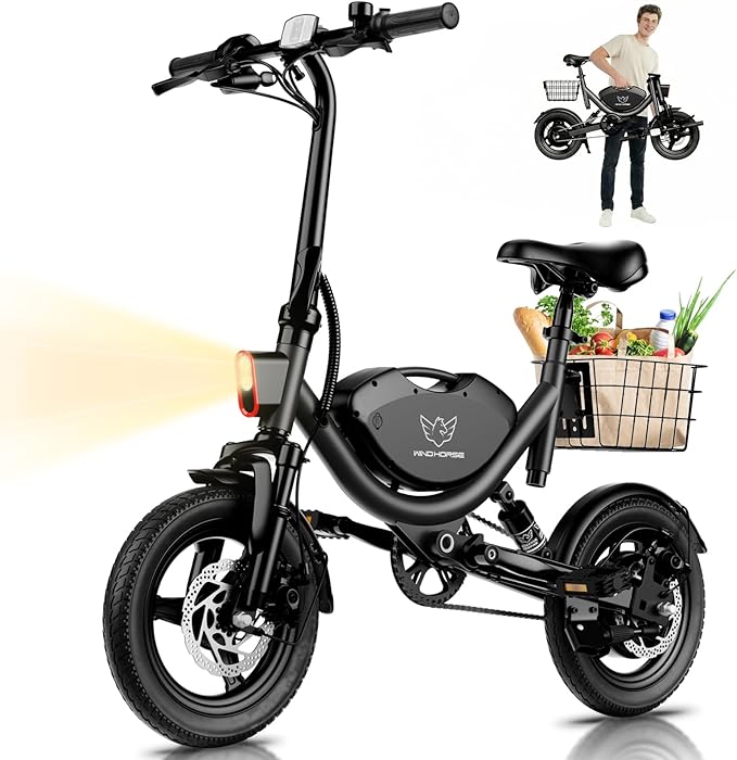 Electric Bike with Basket, 14" Folding Ebike 22 MPH, 35 Miles Range, Dual Suspension, 715W Peak Brushless Motor with 30° Uphill, Adjustable Seat, Commuter Electric Bicycle for Adults 330LBS Load