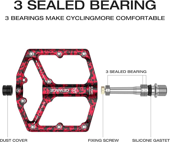 Road/Mountain Bike Pedals - 3 Bearings Bicycle Pedals - 9/16” CNC Machined Flat Pedals with Removable Anti-Skid Nails