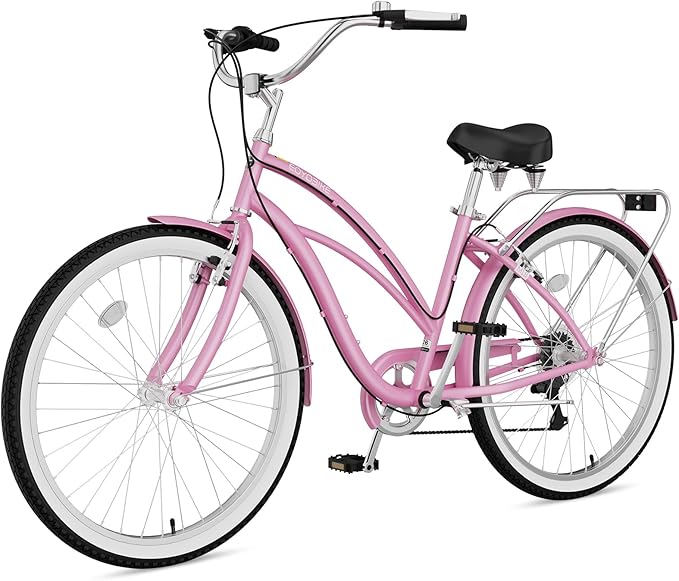 MOPHOTO 24" 26" Adult Bike 7-Speed Beach Cruiser Bike for Adults, Rear Rack, Fenders, Step-Through or Classic Frame