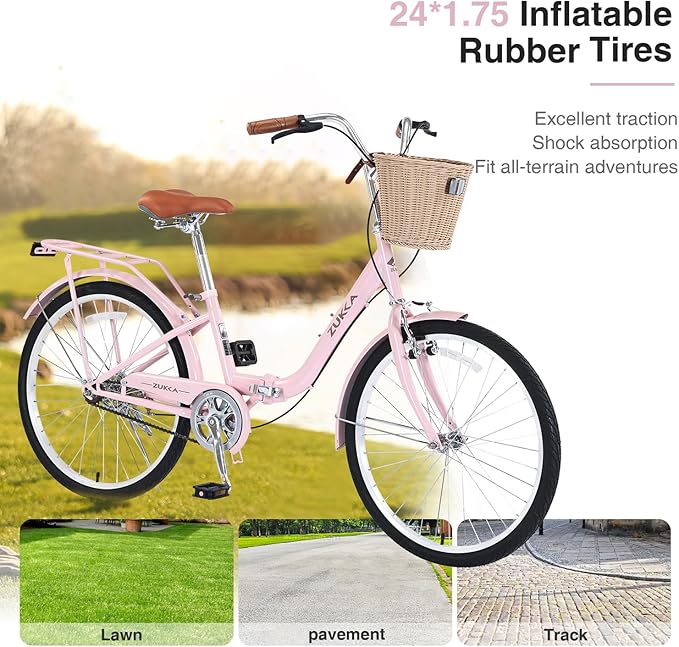 24/26 inch Female Bicycle Single Speed Folding Lady Bike, Durable Steel Frame,Compact Design for Easy Storage and Commuting Multi Color