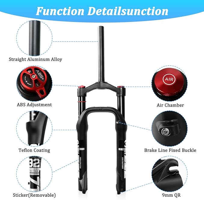 ZTZ 20 * 4.0 inch Fat Tire Air Suspension Fork - 130mm Travel, 135mm Spacing Hub, 9mm QR, Crown Lockout,Ultralight Fat Tire Bike Front Fork, Fit for Snow Beach XC Mountain Bikes