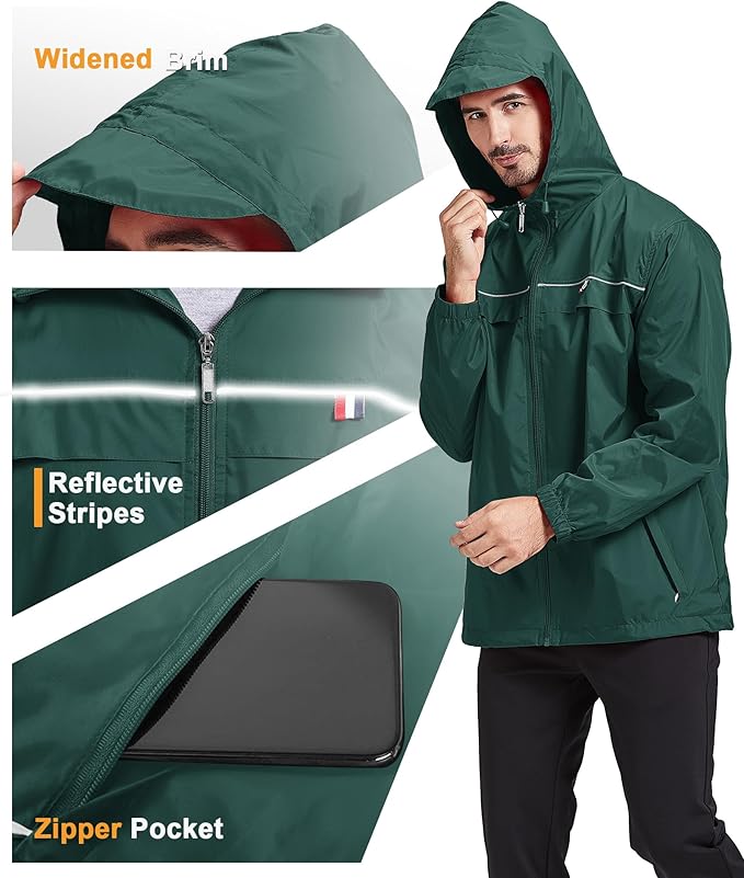 GEEK LIGHTING Rain Jacket Men Lightweight Waterproof Jackets Packable Windbreaker Hooded Raincoat for Golf Cycling Outdoor