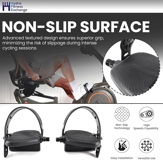 Hydra Fitness Exchange Right & Left Foot Pedal Pair Set – Black | Upright Exercise Bike Pedals with Adjustable Straps | 1/2" Spindle Thread Size | Works with Pro-Form OTS X-Bike Wes-lo Pursuit CT 3.3