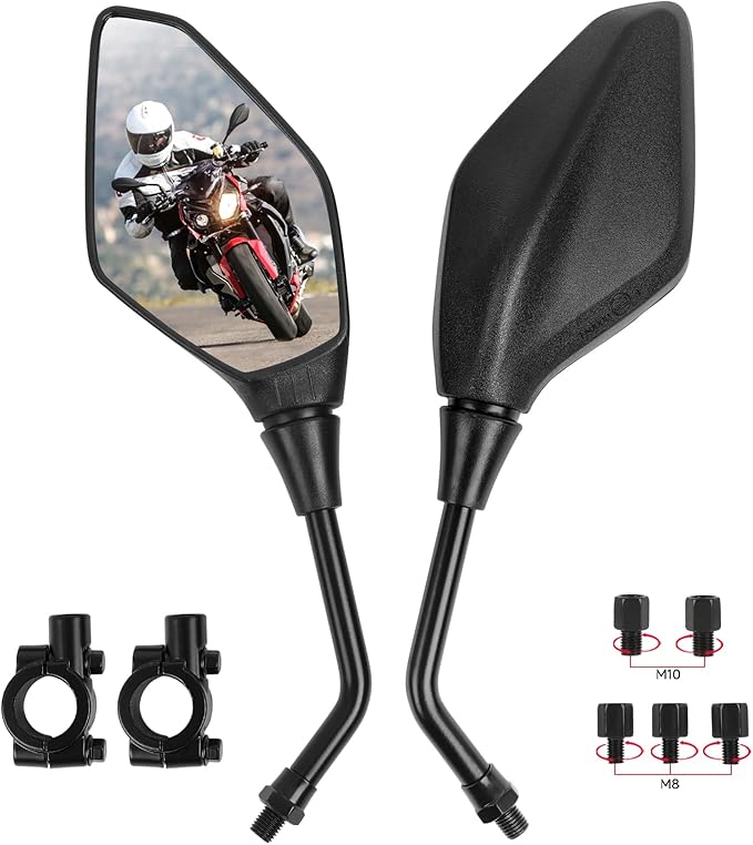 DREAMIZER Motorcycle Rear View Mirror - with M8 M10 Threaded Bolts, 7/8" Handlebar Mirror Mount Compatible with Honda Yamaha Suzuki Kawasaki