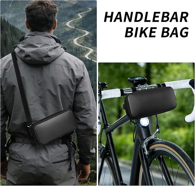 T-carbon Bike Handlebar Bag, Carbon Fiber Hard Shell Bicycle Front Bag, Bike Handlebar Storage Pouch Pack with Shoulder Strap for Road Mountain Bike Cycling Travel,Matte Black