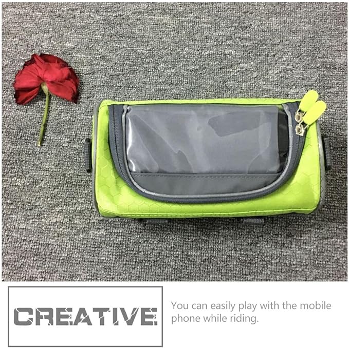 Bike Handlebar Cylinder Pouch Waterproof Front Frame Cellphone Bag with Touchscreen for Mountain Bikes, Portable Cycling Storage in Green