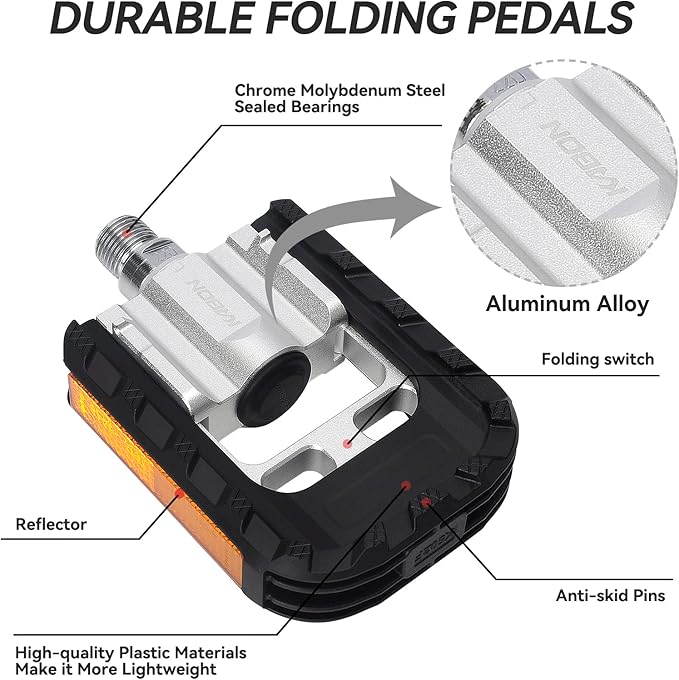 KABON Folding Bike Pedals, Bicycle Foldable Pedals with Aluminum, Universal 9/16 inch Non-Slip Cycling Pedals for Folding Bike, BMX Bike, Road Bike, Mountain Bike MTB