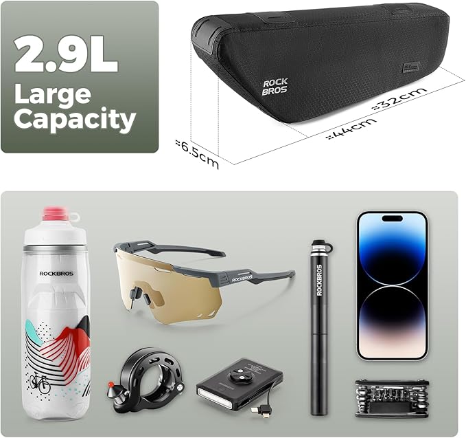 ROCKBROS Bike Frame Bag 2.9L Large Capacity Bike Storage Bag Waterproof Under Top Tube Bike Bag，Narrow Edge Bike Pouch for Mountain & Road Bike