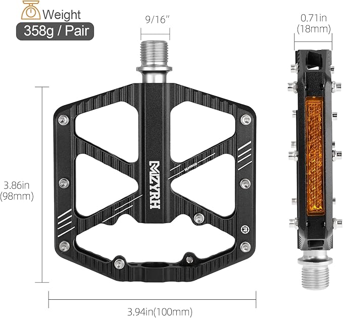 MZYRH Road/Mountain Bike Pedals,Bicycle Pedals with Reflectors,Aluminum Alloy MTB Pedals 3 Sealed Bearings Bicycle Platform Pedals 9/16" BMX Road Bike Pedal