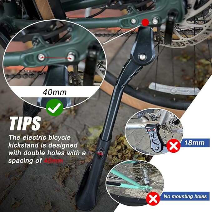 Bike Kickstand 24"-29", PSLER Adjustable Non-Slip Electric Bike Kickstand Kick Stand for Ebike Mountain Bike Adult Bikes with 2 Holes(40mm)