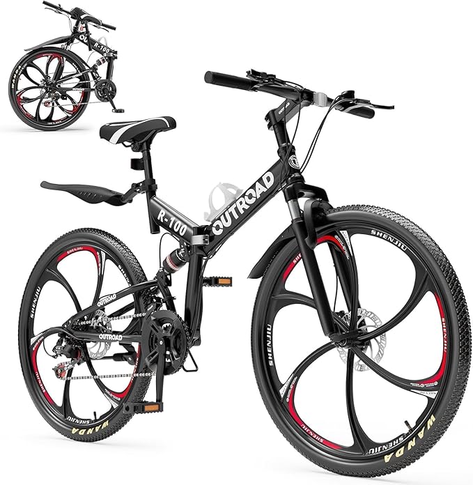 26 Inch Folding Mountain Bike, 21 Speed Full Suspension Bicycle Dual Disc Brake Non-Slip Quick Release tire for Adults Men Women(Balck/Pink/Green/Orange/White/Purple)