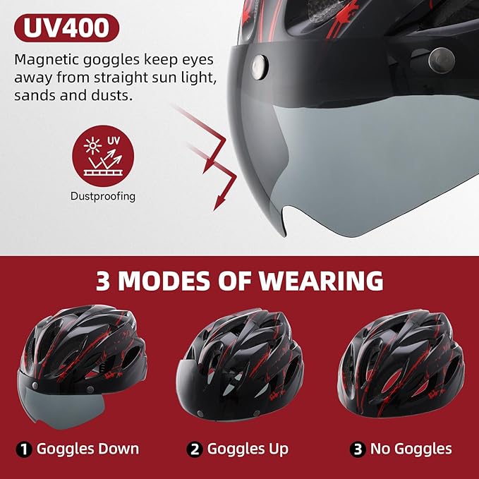 Adult Bike Helmet, Bicycle Helmet with Rear LED Light & Detachable Magnetic Goggles,Cycling Helmet Adjustable for Men Women Mountain & Road