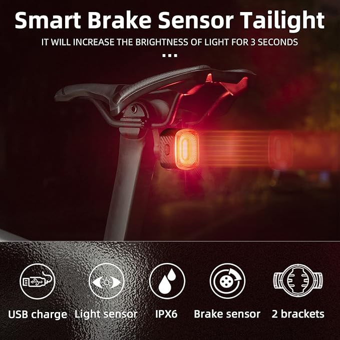 ROCKBROS Smart Bike Tail Light Brake Sensing Bicycle Rear Lights USB Rechargeable IPX6 Waterproof Bright LED Bike Light 260mah Cycling Safety Road BikeTaillight Accessories 4 Modes