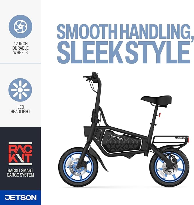 Jetson Bolt Electric Bike, Foot Pegs, Easy-Folding, Built-in Carrying Handle, Twist Throttle, Cruise Control, Up to 15.5 MPH, Range Up to 15 Miles, Ages 13+
