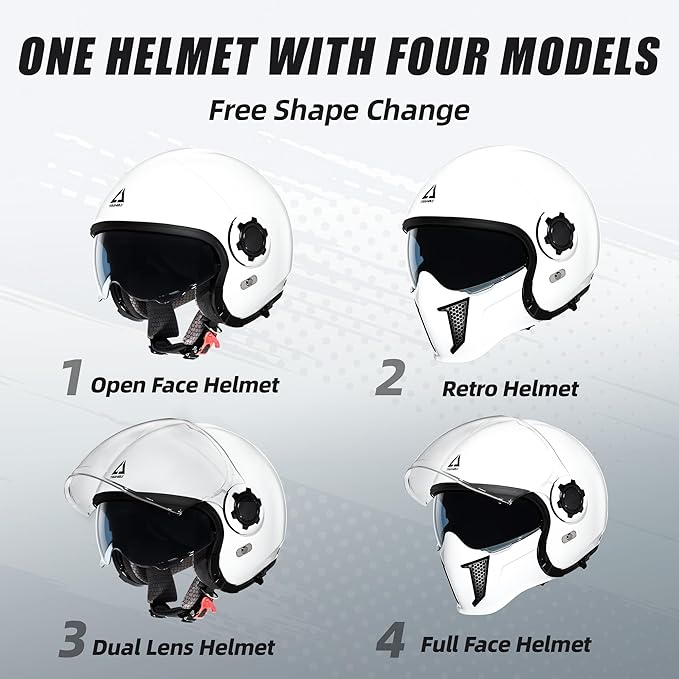 TRIANGLE Full Face Motorcycle Helmets,Off-Road Motocross Helmet for Men & Women,Dual Visor with Internal Tinted Sunshield,Open Face 3/4 Adult Racing Helmet DOT Approved(White,XL)