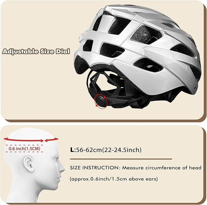 Road Bike Helmet Adult Men & Women, Adjustable Lightweight Design (22-24.5 Inches) - Vented, Removable Visor & Reflective White, for Day and Night Commuting & Sports | CPSC Certified