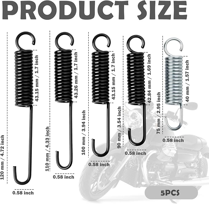 5PCS Motorcycle Kickstand Spring Kit,Sturdy Mini Bike Kickstand Springs Kit Includes 5 Lengths 120mm/75mm/100mm/90mm/110mm,Professional Motorcycle Accessories Side Stand Spring