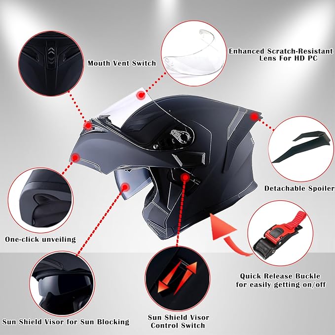 1Storm Motorcycle Modular Full Face Flip up Dual Visor Helmet + Spoiler: HB89 Storm Blue