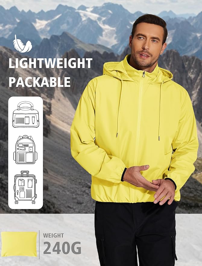 COOFANDY Men's Light Rain Jacket with Hood Packable Waterproof Raincoat Golf Rain Gear Travel Hiking Windbreaker