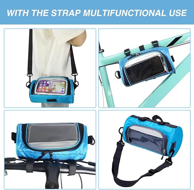 ZUKKA Bike Handlebar Bag Large-Capacity Adjustable Waterproof Front Handlebar Bags with Transparent Pouch Touch Screen for Bicycles Handlebar Women Men (Blue)