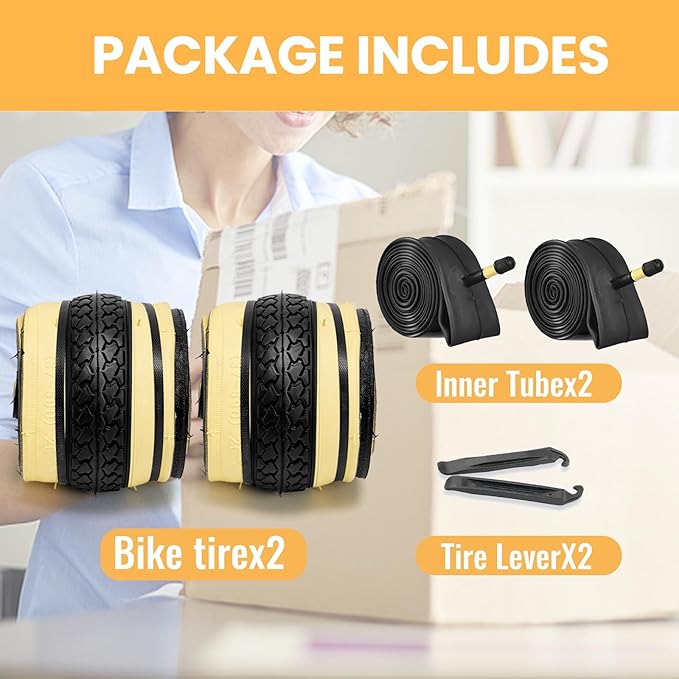 Hycline 26X1 3/8 Bike Tire Set: 2-Pack (37-590) Folding High-Density Bicycle Tires with Schrader Tubes & Tire Levers – Fits Vintage 26×1 3/8 City/Commuter Bikes