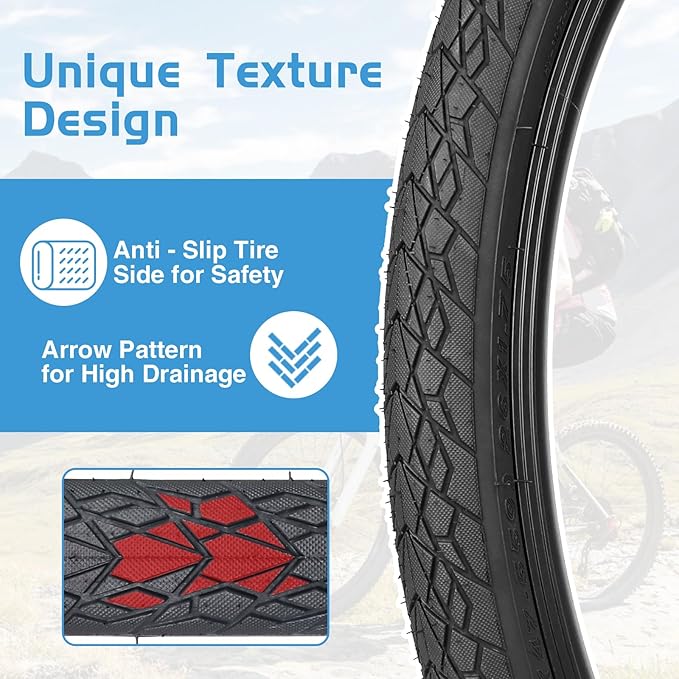 MEGHNA Bike Tire 20/24/26/27.5 inch Foldable Replacement Cruiser Bike Tire Mountain Bike Groove Anti-Slip with Tire Lever for Kids Hybrid Bike