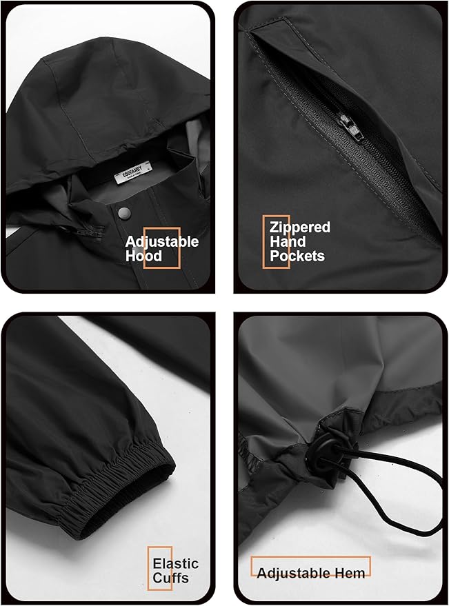 COOFANDY Men's Rain Jacket Waterproof Packable Raincoat Lightweight Rain Shell Hood Travel Golf Hiking Cycling Zip Pockets