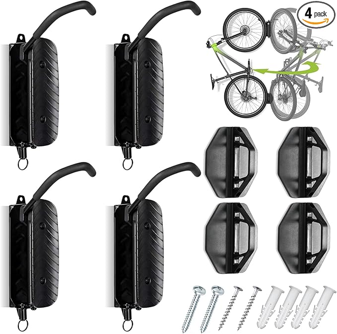 4 Pack Swivel Bike Wall Mount, Bike Hangers for Garage, Space-Saving Vertical Bike Rack, Sturdy Bike Storage Rack Holds Up to 66lbs, Easy to Install.