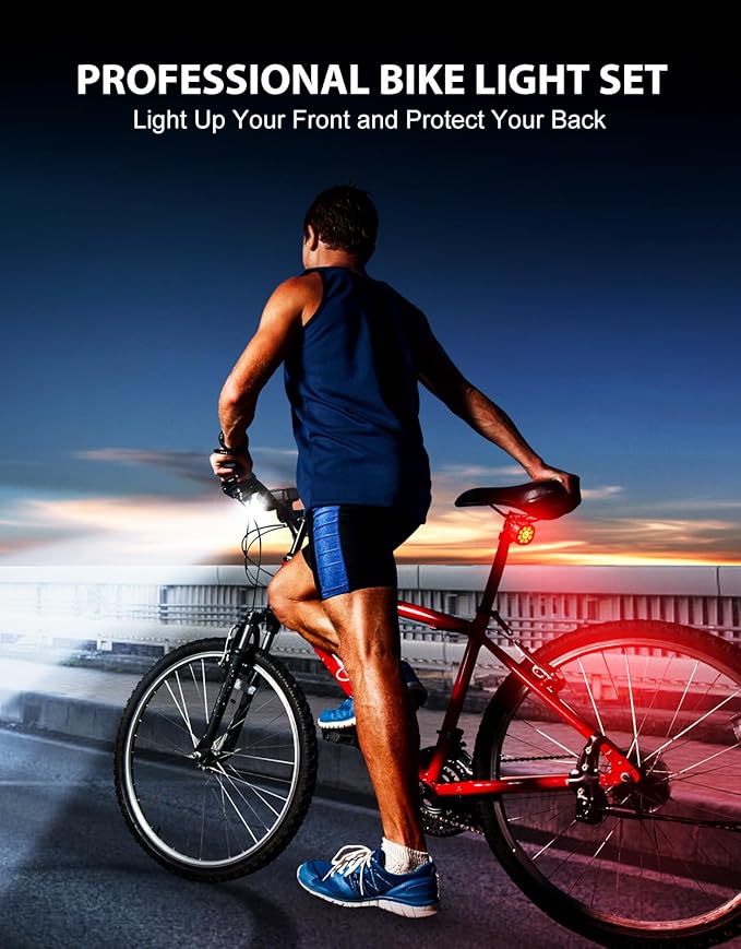 High Lumen Super Bright Bike Lights for Night Riding, Adjustable Modes Bicycle Lights Front and Rear, Rechargeable & IP65 Waterproof Bike Headlight and Taillight Set for Cycling Electronics