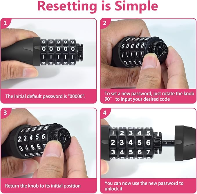 Bike Chain Lock 3.2Ft Long High Security Heavy Duty Anti Theft, 5 Digit Combination Resettable Keyless Bicycle Lock for Bike/Electric Scooter/Ebike/Motorcycle(Rose)