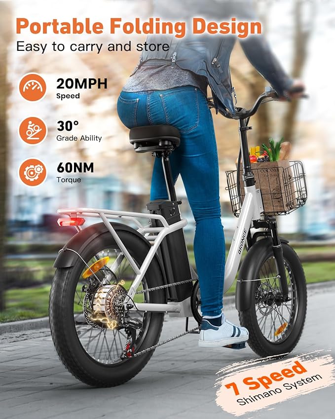 Electric Bike, 1000W Peak Folding Electric Bike, 486Wh 70 Miles Range Ebike, 20" Step-Thru Bicycle with Front Basket, Waterproof Removable Battery, 7 Speed, 25 MPH Max