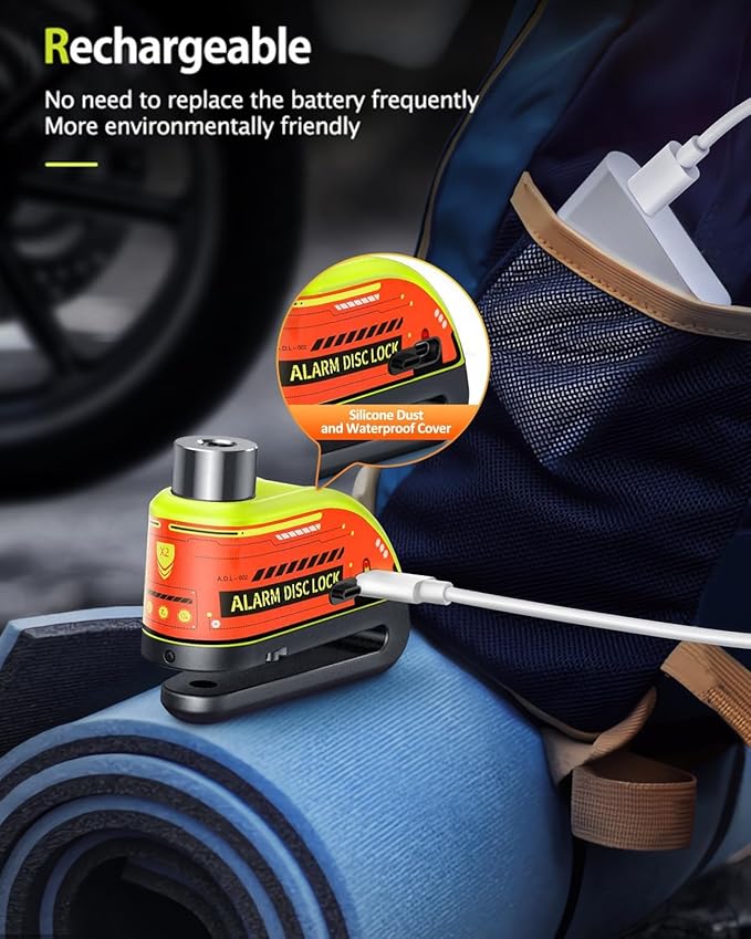 ZEXMTE Motorcycle Alarm Disc Brake Lock, Rechargeable Motorbike Disc Lock Alarm 120dB with 1.8m Reminder Cable, Anti-Theft Waterproof Disc Brake Lock for Motorcycle, Bike, Scooter, E-Bike, Green