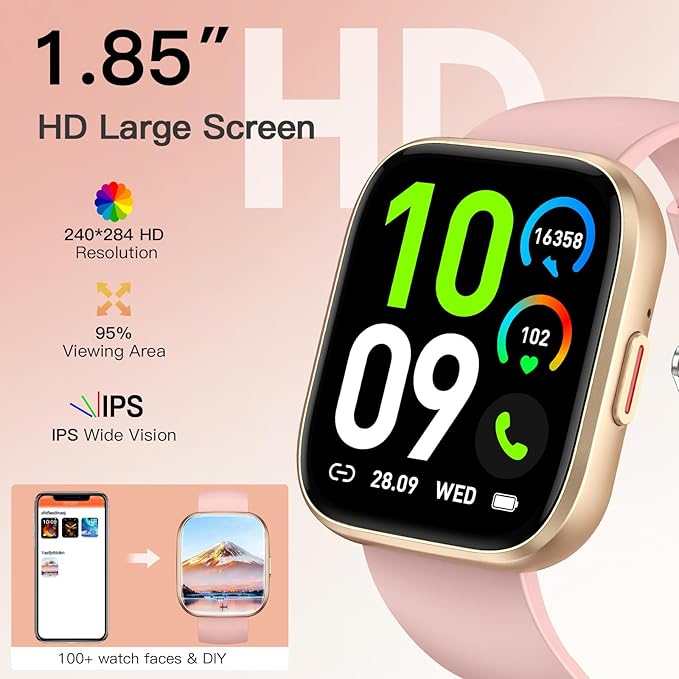 Smart Watches for Women Men Answer/Make Call, 1.85" Fitness Watch with 120+ Sports Modes, Heart Rate/Blood Oxygen/Activity Tracker, Pedometer, IP68 SmartWatch for iPhone Android Samsung (Pink, 1.85“)