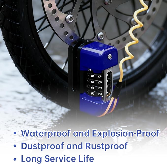 Windance Motorcycle Disc Brake Lock with Reminder Cable, Anti Theft Combination Wheel Lock,Waterproof Aluminum Alloy Keyless Password Security for Motorcycle Scooter Dirt Pit Bike E-Bike (Blue)