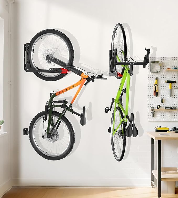 Swivel Bike Wall Mount 2 Pack Bike Rack for Garage, No Heavy Lifting Required Wall Bike Hangers Can Holds up to 77 lbs (Black & Red)