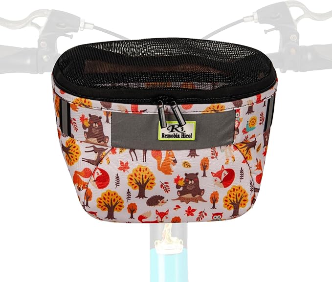 Kids Bike Basket,Durable Front Frame Bicycle & Scooter Basket Bag,Waterproof Fabric Bicycle Handlebar Bag for Boys, Girls, Toddlers with Zipper Mesh Lip (Beige Animal)