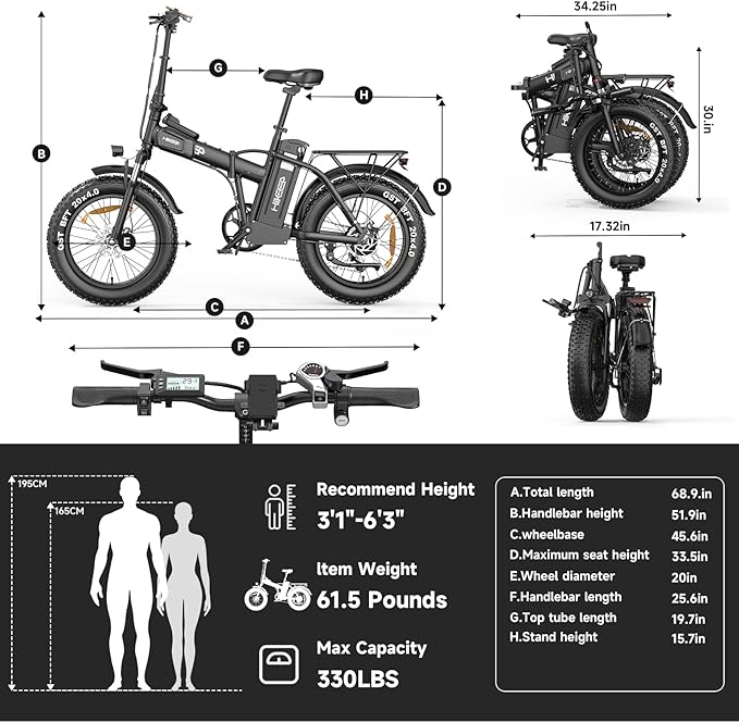 Fat Tire Electric Bike for Adults, UL2849 Certified 90% Pre-Assembled Folding E-Bike with Removable Battery & Cargo Rack
