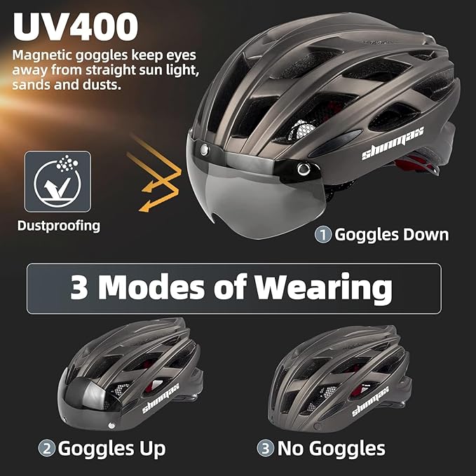 Shinmax Bike Helmet, CPSC/CPC Bike Helmet for Adult Men Women with Magnetic Goggles&Led Back Light Cycling Helmet Adjustable SM-T69