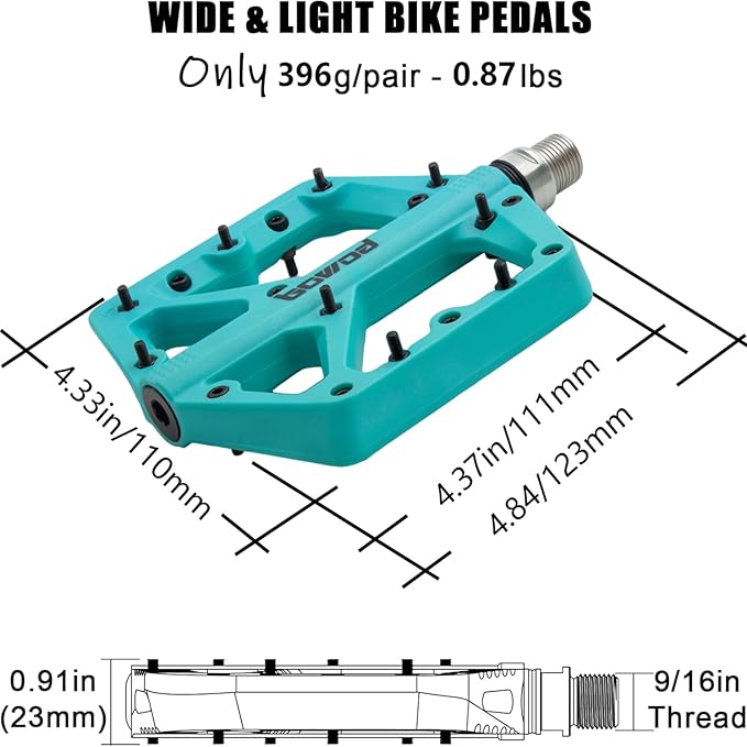MTB Pedals Large Mountain Bike Pedals, Lightweight Nylon Fiber Composite Bicycle Platform Pedals, Grippy Pedals w 18 Pins, Cr-Mo Spindle fit w 2 Bearings, Clipless Pedals for BMX MTB Bike 9/16"