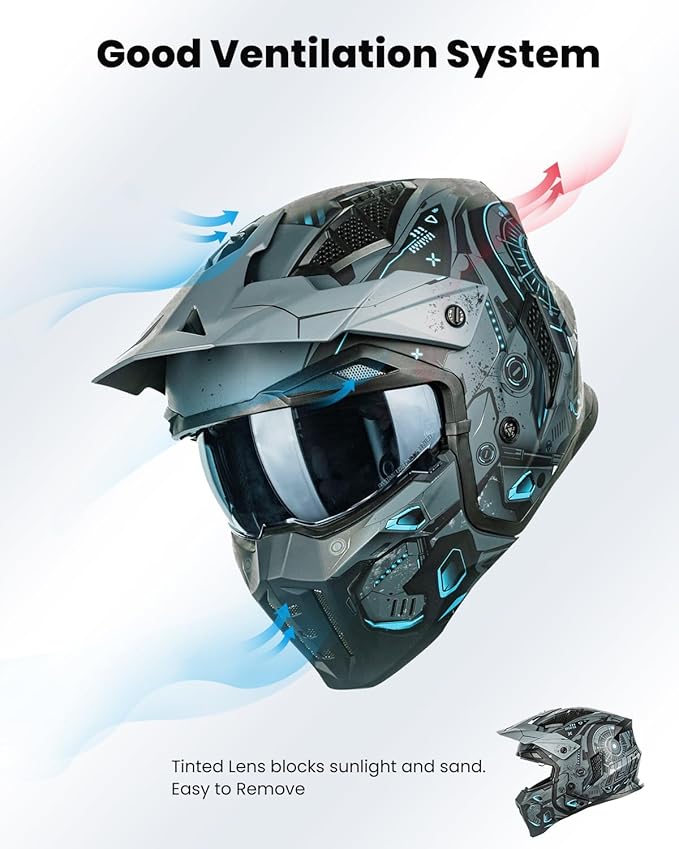 ILM Open Face Motorcycle 3/4 Half Helmet for Men and Women, Vintage Retro Helmet with Visor for Moped ATV Cruiser Scooter DOT Model Z302(Blue Mecha,Large)