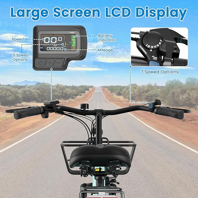 350W Electric Bike for Adults, 20MPH 7-Speed Commuter Ebike with 36V 10.4Ah Battery, Aluminum Frame, Front Suspension, Dual Disc Brakes, E Bicycle with Basket & Rear Rack, 330 lbs Load
