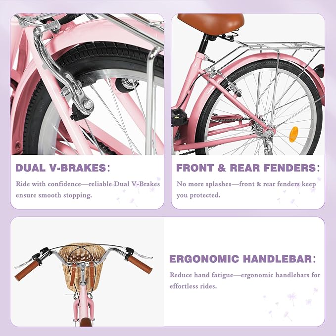 Betterland Beach Cruiser Bike for Women, 24/26 inch Hybrid Bike with Adjustable Seat, Womens Bike with Front Basket and Dual V-Brake, Step Through Comfort Bicycle for City Commuter