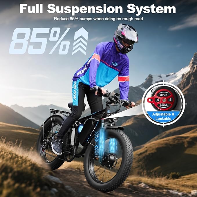 8000W Peak EBike for Adults, 34Ah 58V Max-Output 1856Wh Dual Motor Electric Bike, 47MPH Fast Ebike,Up to 105Miles 24" x4.0 Fat Tire E Bike,Full-Suspension Mountain E-Bike for Sand Snow Beach