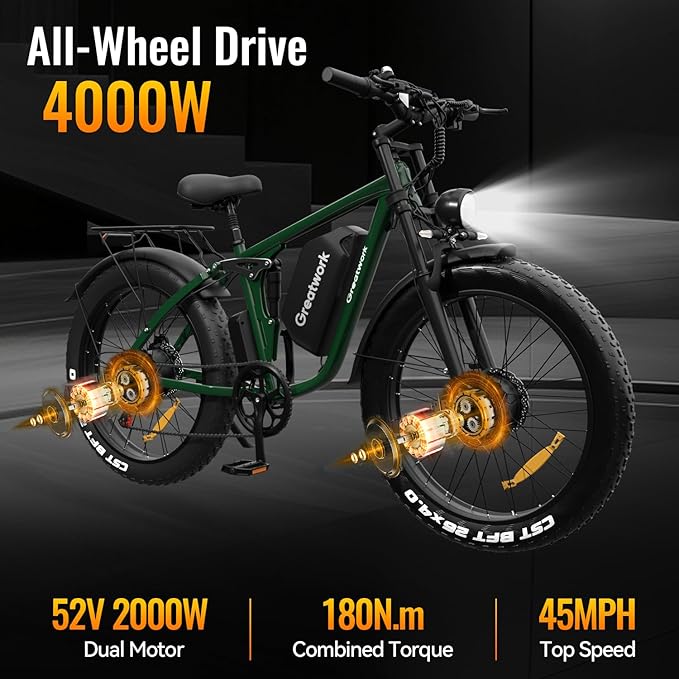 GREATWORK 52V 5000W Peak Dual Motor Electric Bike for Adults, 1300Wh Battery, Up to 45MPH & 100 Miles Range, 26" x 4.0 Fat Tire Electric Dirt Bike with Suspension, Mountain E-Bike for Men Women