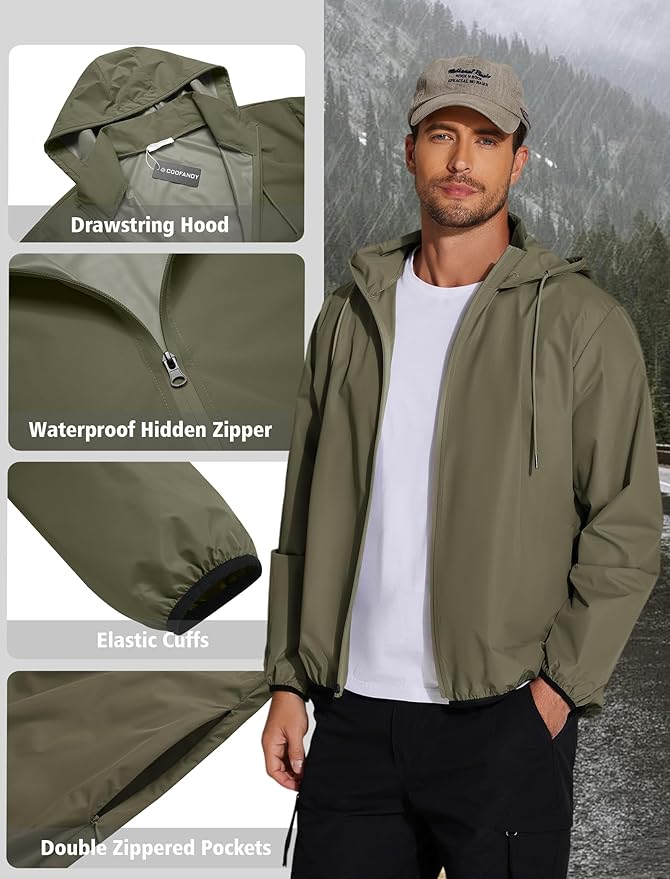COOFANDY Men's Light Rain Jacket with Hood Packable Waterproof Raincoat Golf Rain Gear Travel Hiking Windbreaker